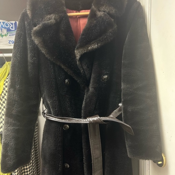 STERLING STALL CANADA Vintage MOB WIFE  Chocolate Double Breasted Faux Fur S 12 - Picture 6 of 12